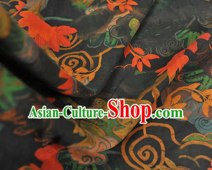 Chinese Traditional Black Silk Fabric Cheongsam Satin Cloth Classical Red Lotus Pattern Gambiered Guangdong Gauze
