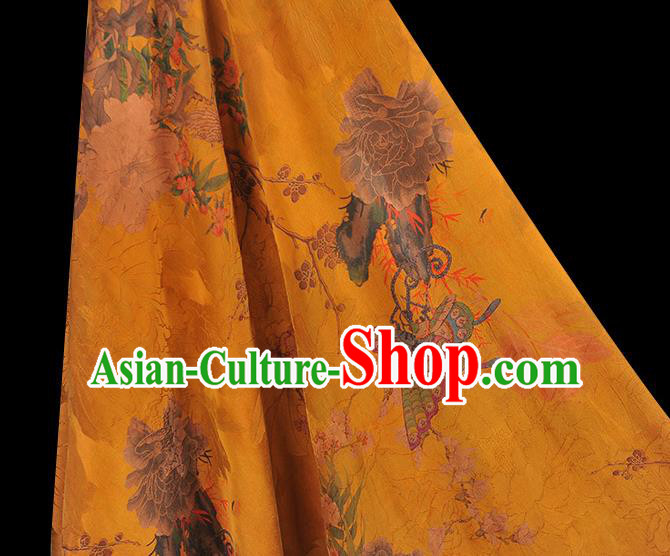 Chinese Cheongsam Ginger Satin Cloth Classical Peony Butterfly Pattern Gambiered Guangdong Gauze Traditional Yellow Silk Fabric