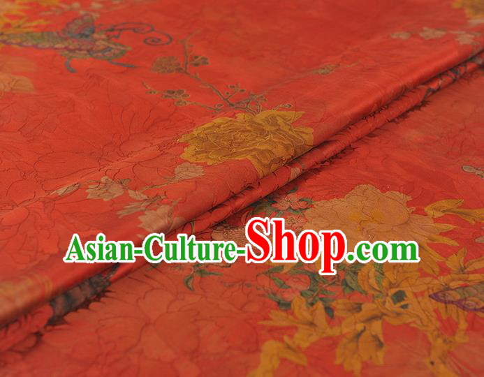 Chinese Classical Peony Butterfly Pattern Gambiered Guangdong Gauze Traditional Silk Fabric Cheongsam Red Satin Cloth
