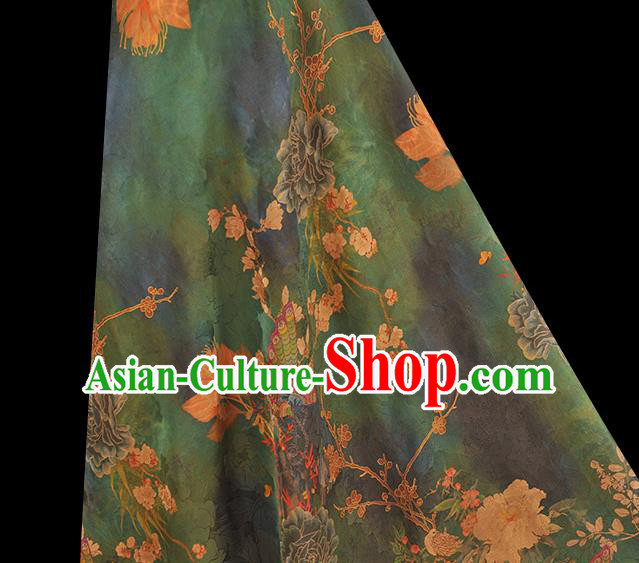 Chinese Green Gambiered Guangdong Gauze Classical Peony Butterfly Pattern Silk Fabric Traditional Cheongsam Satin Cloth