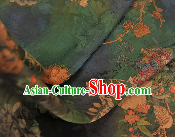 Chinese Green Gambiered Guangdong Gauze Classical Peony Butterfly Pattern Silk Fabric Traditional Cheongsam Satin Cloth