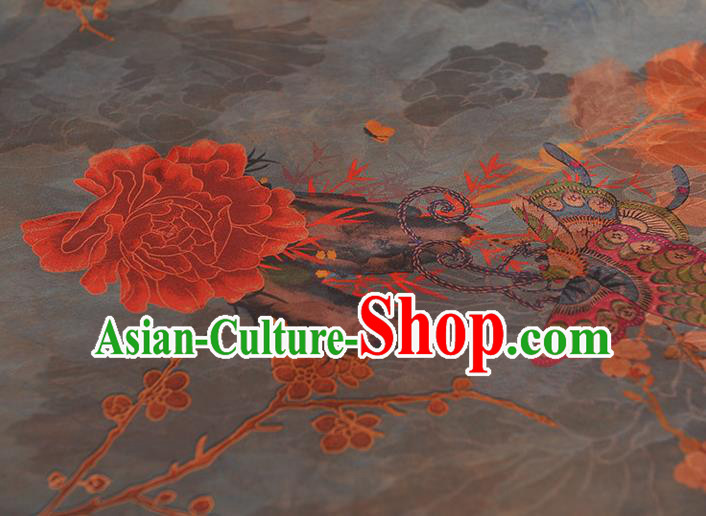 Chinese Traditional Cheongsam Satin Cloth Grey Gambiered Guangdong Gauze Classical Peony Butterfly Pattern Silk Fabric