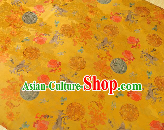 Chinese Traditional Cheongsam Yellow Satin Cloth Classical Crane Peony Butterfly Pattern Silk Gambiered Guangdong Gauze Fabric