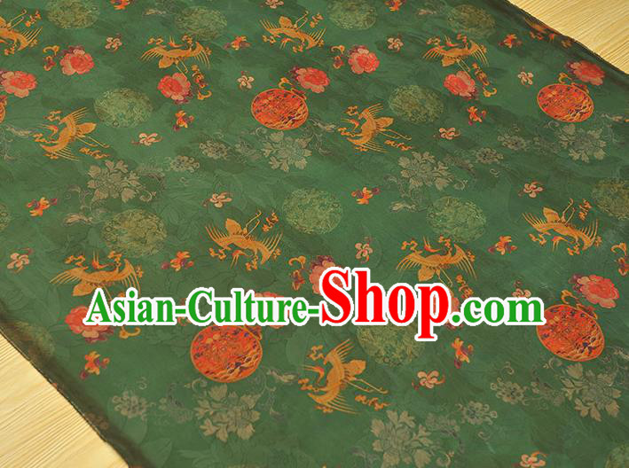 Chinese Classical Crane Peony Pattern Silk Gambiered Guangdong Gauze Fabric Traditional Cheongsam Green Satin Cloth