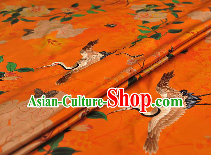 Chinese Classical Embroidered Cloud Crane Pattern Silk Traditional Cheongsam Satin Cloth Orange Gambiered Guangdong Gauze Fabric
