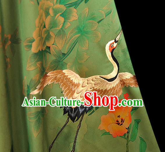 Chinese Traditional Cheongsam Satin Cloth Green Gambiered Guangdong Gauze Fabric Classical Embroidered Cloud Crane Pattern Silk