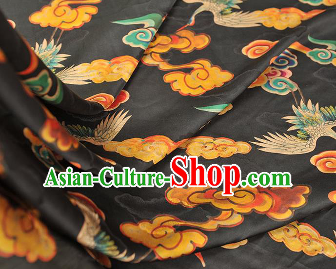 Chinese Traditional Cheongsam Black Satin Cloth Gambiered Guangdong Gauze Classical Cloud Crane Pattern Silk Jacquard Fabric