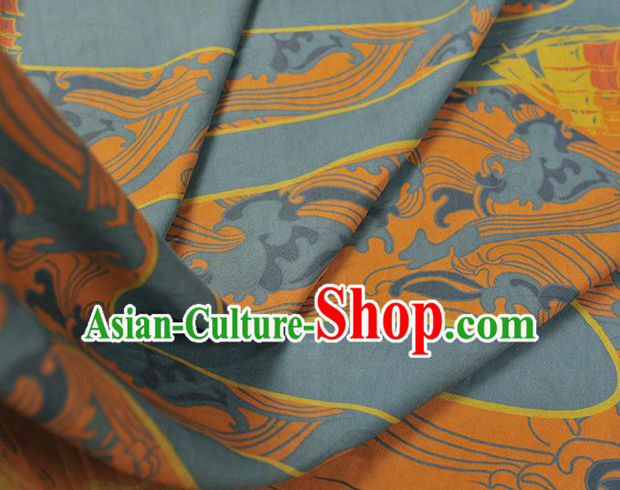 Chinese Blue Cloth Traditional Cheongsam Gambiered Guangdong Gauze Classical Sailboat Pattern Silk Fabric