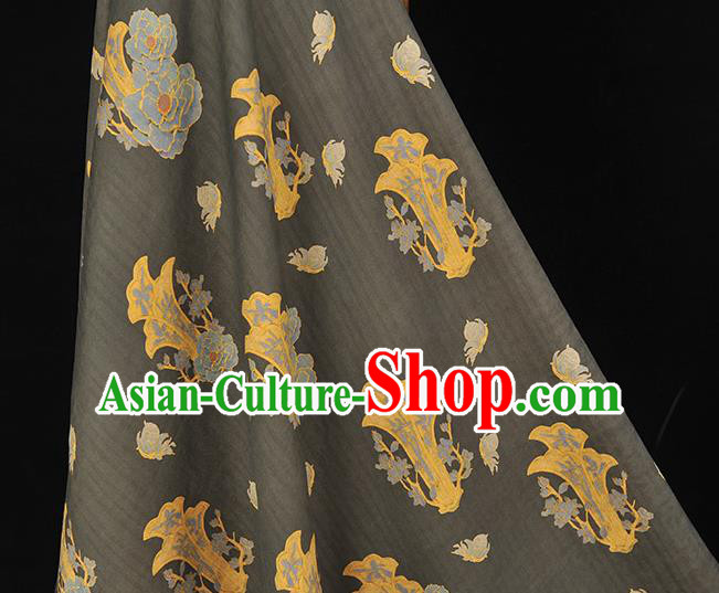 Chinese Traditional Cheongsam Gambiered Guangdong Gauze Classical Peony Pattern Silk Fabric Black Cloth