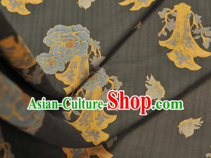 Chinese Traditional Cheongsam Gambiered Guangdong Gauze Classical Peony Pattern Silk Fabric Black Cloth