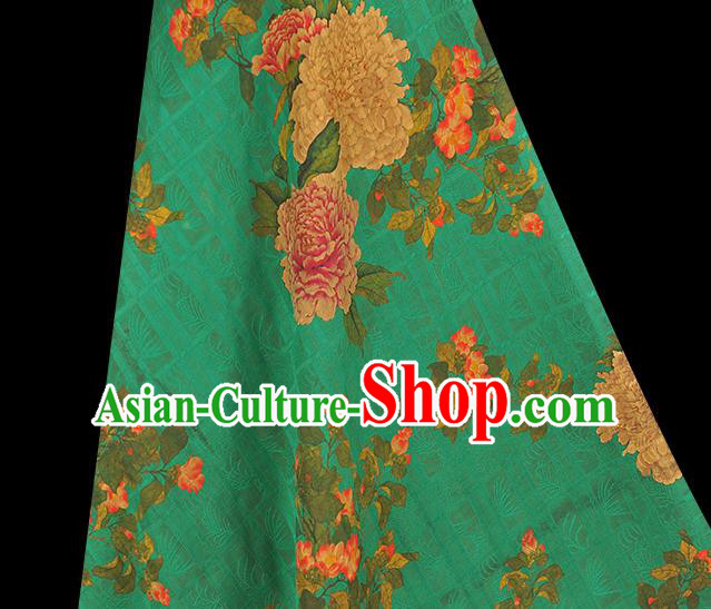 Chinese Traditional Green Silk Fabric Classical Peony Pattern Gambiered Guangdong Gauze Cheongsam Cloth