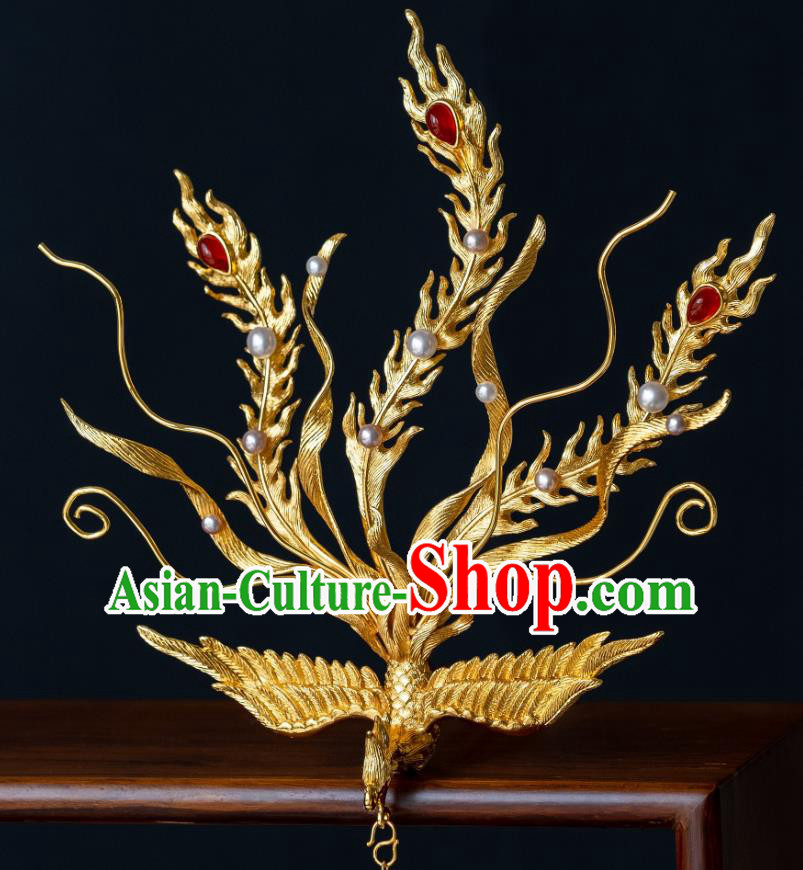 China Ancient Court Queen Phoenix Hair Crown Hair Accessories Traditional Ming Dynasty Empress Gilding Tassel Hairpin
