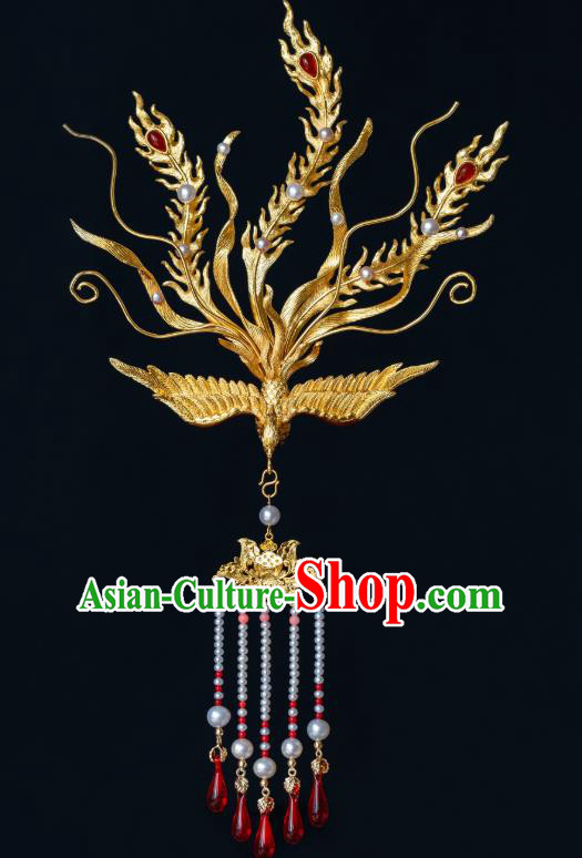 China Ancient Court Queen Phoenix Hair Crown Hair Accessories Traditional Ming Dynasty Empress Gilding Tassel Hairpin