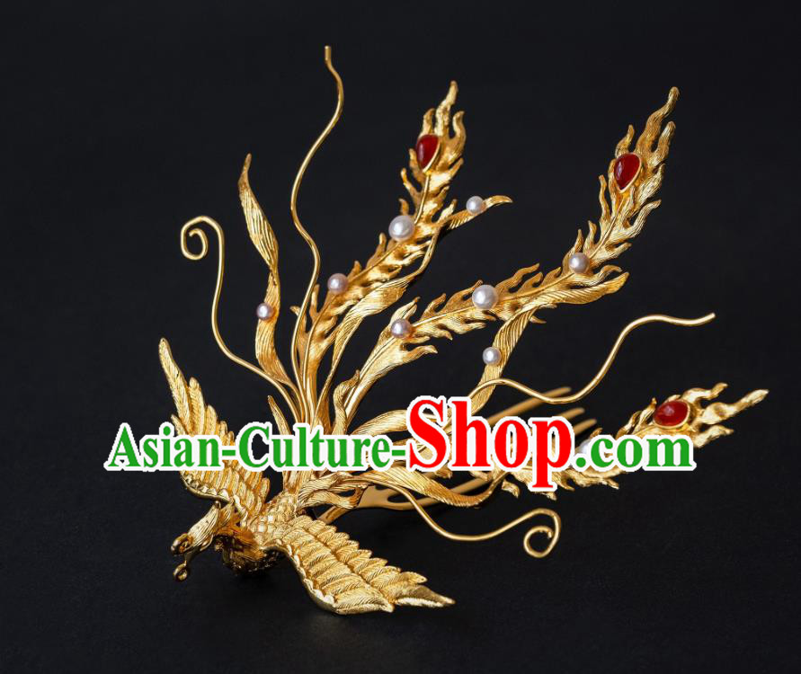 China Traditional Ming Dynasty Empress Gilding Phoenix Tassel Hairpin Ancient Court Queen Hair Crown Hair Accessories