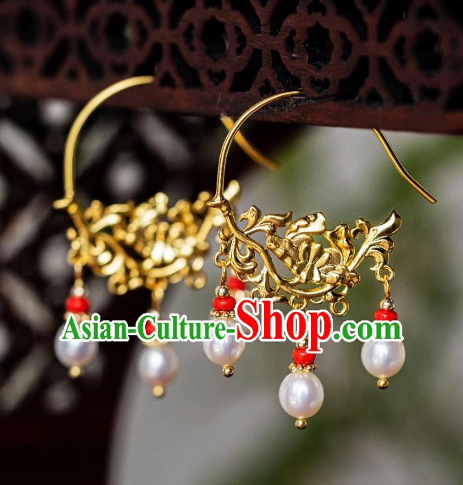 China Ming Dynasty Pearls Tassel Earrings Traditional Palace Gilding Peony Ear Jewelry