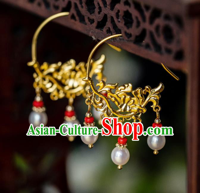 China Ming Dynasty Pearls Tassel Earrings Traditional Palace Gilding Peony Ear Jewelry