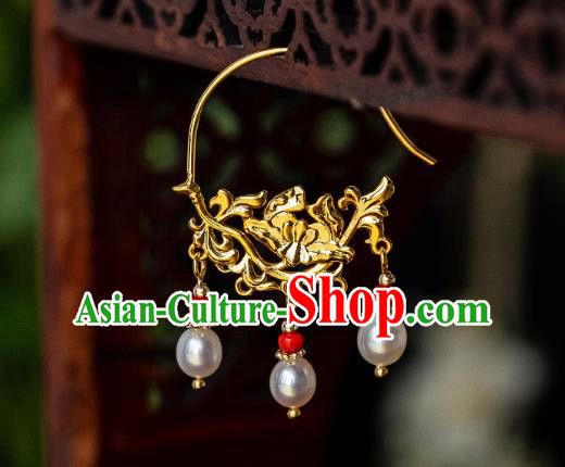 China Ming Dynasty Pearls Tassel Earrings Traditional Palace Gilding Peony Ear Jewelry