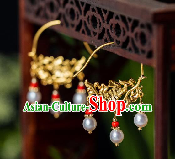 China Ming Dynasty Pearls Tassel Earrings Traditional Palace Gilding Peony Ear Jewelry