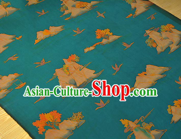Chinese Satin Cloth Traditional Cheongsam Gambiered Guangdong Gauze Classical Mount Crane Pattern Blue Silk Fabric
