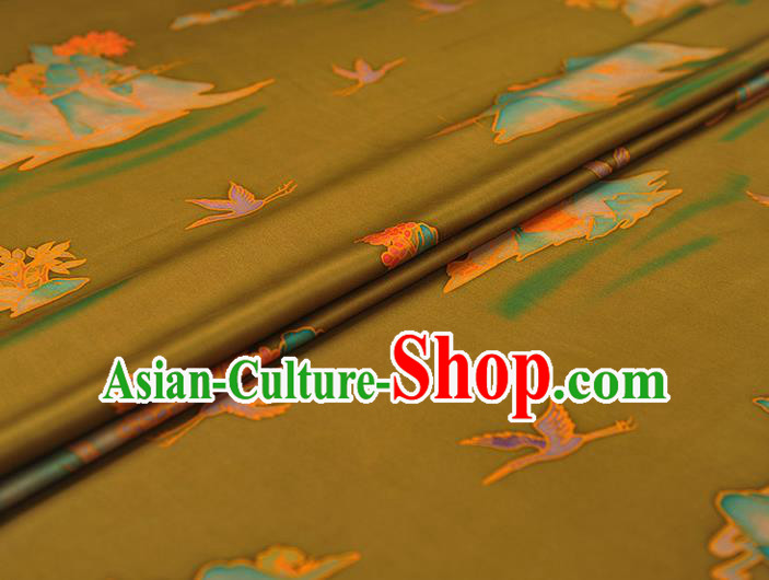 Chinese Traditional Cheongsam Gambiered Guangdong Gauze Classical Mount Crane Pattern Silk Fabric Ginger Satin Cloth