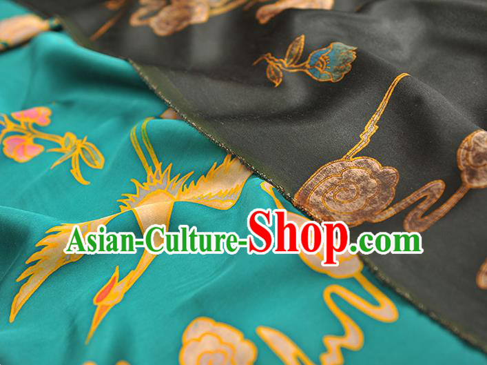 Chinese Classical Crane Flower Pattern Silk Fabric Blue Satin Cloth Traditional Cheongsam Gambiered Guangdong Gauze