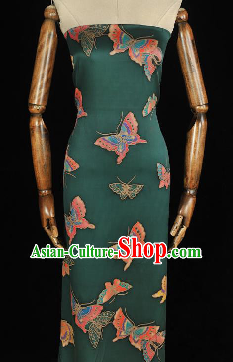 Chinese Traditional Deep Green Gambiered Guangdong Gauze Cheongsam Satin Cloth Classical Butterfly Pattern Silk Fabric