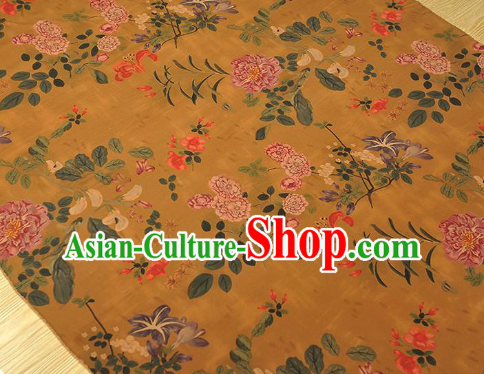 Chinese Classical Spring Flowers Pattern Silk Fabric Traditional Ginger Gambiered Guangdong Gauze Cheongsam Satin Cloth