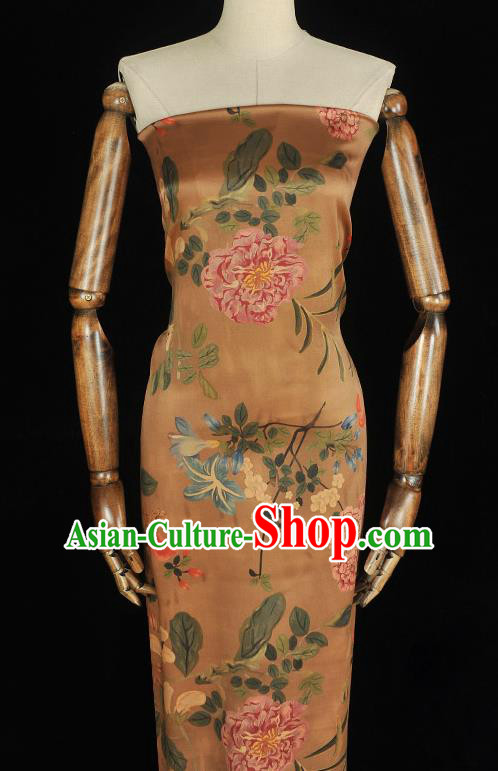 Chinese Traditional Gambiered Guangdong Gauze Cheongsam Brown Satin Cloth Classical Spring Flowers Pattern Silk Fabric