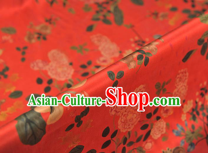 Chinese Traditional Red Gambiered Guangdong Gauze Cheongsam Classical Spring Flowers Pattern Silk Fabric Satin Cloth
