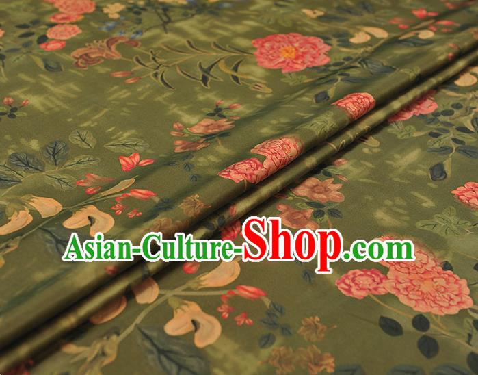 Chinese Cheongsam Classical Spring Flowers Pattern Silk Fabric Green Satin Cloth Traditional Gambiered Guangdong Gauze
