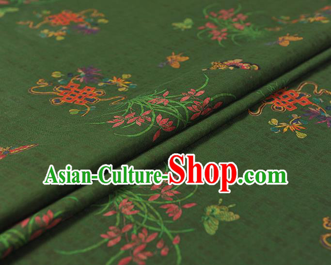 Chinese Cheongsam Jacquard Cloth Traditional Green Gambiered Guangdong Gauze Classical Orchids Butterfly Pattern Silk Fabric
