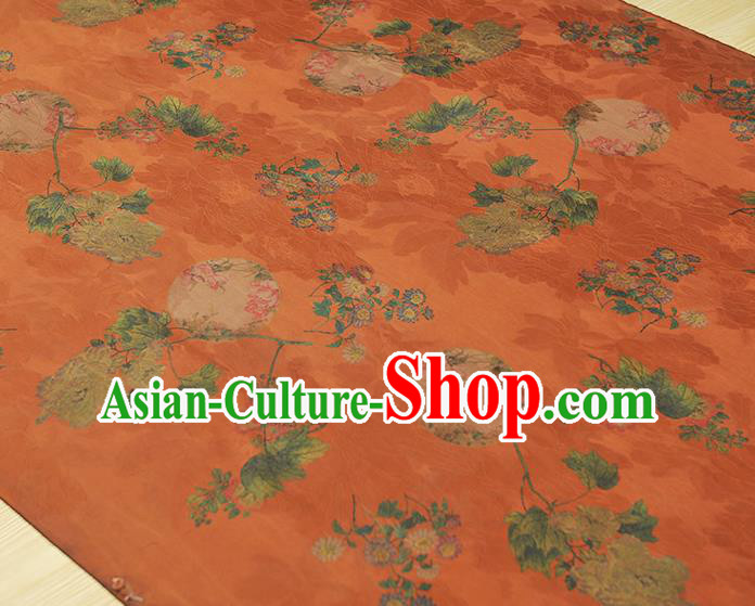 Chinese Traditional Gambiered Guangdong Gauze Jacquard Silk Fabric Cheongsam Classical Chrysanthemum Peony Pattern Orange Satin Cloth