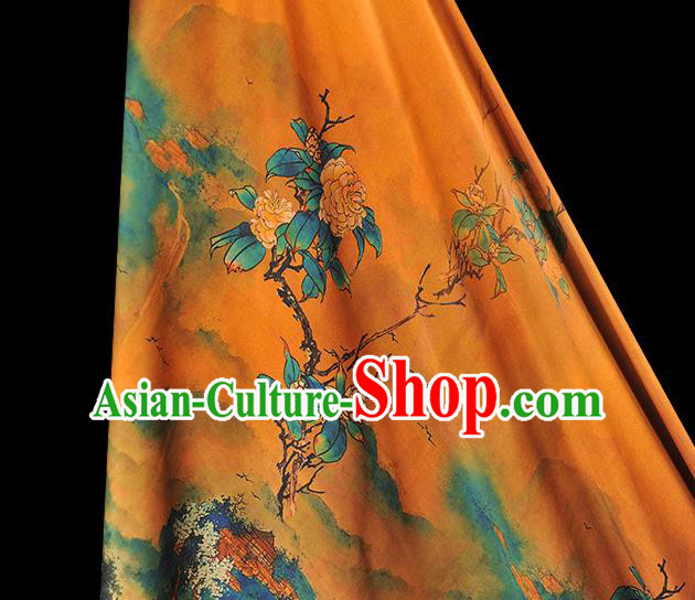 Chinese Cheongsam Classical Mountain Perch Pattern Satin Cloth Traditional Gambiered Guangdong Gauze Jacquard Ginger Silk Fabric