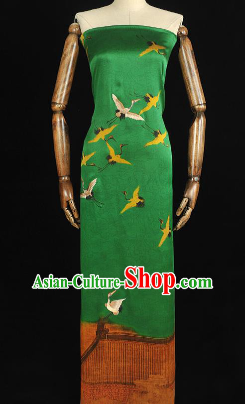 China Traditional Embroidered Cranes Pattern Silk Fabric Classical Cheongsam Green Satin Cloth