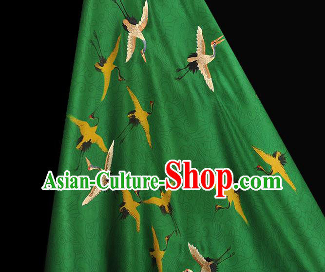 China Traditional Embroidered Cranes Pattern Silk Fabric Classical Cheongsam Green Satin Cloth