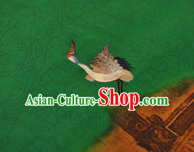 China Traditional Embroidered Cranes Pattern Silk Fabric Classical Cheongsam Green Satin Cloth