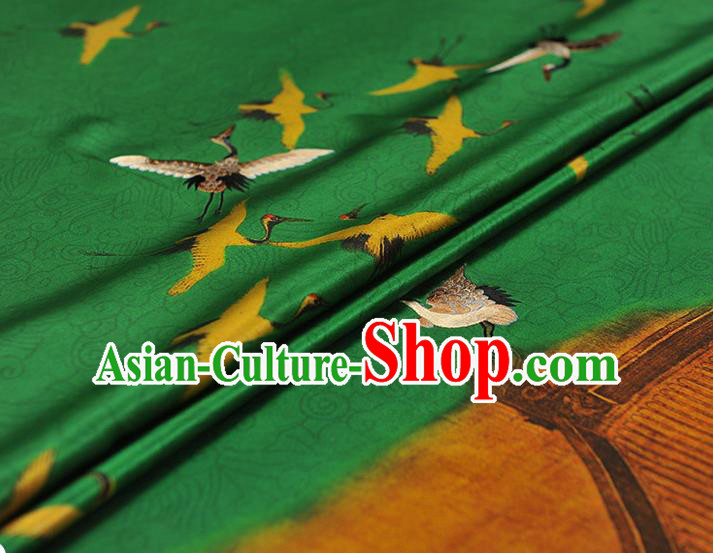 China Traditional Embroidered Cranes Pattern Silk Fabric Classical Cheongsam Green Satin Cloth