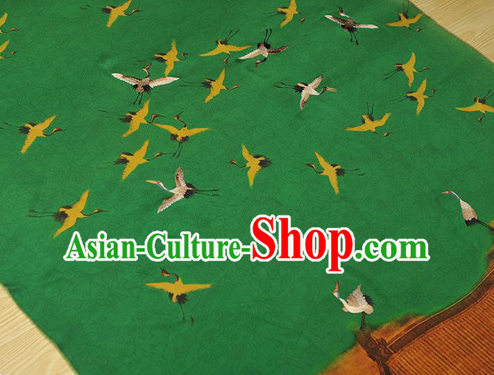 China Traditional Embroidered Cranes Pattern Silk Fabric Classical Cheongsam Green Satin Cloth
