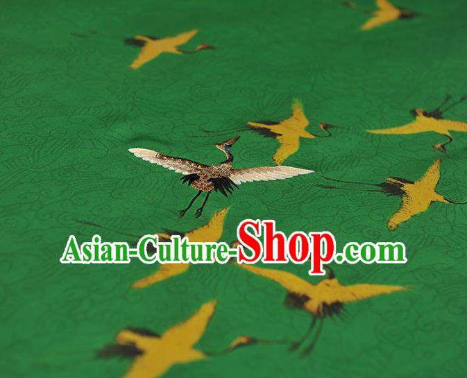 China Traditional Embroidered Cranes Pattern Silk Fabric Classical Cheongsam Green Satin Cloth