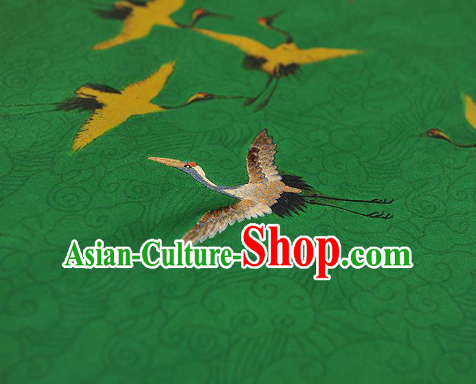 China Traditional Embroidered Cranes Pattern Silk Fabric Classical Cheongsam Green Satin Cloth