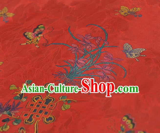 Chinese Cheongsam Traditional Jacquard Silk Fabric Gambiered Guangdong Gauze Classical Butterfly Prchids Pattern Red Satin Cloth