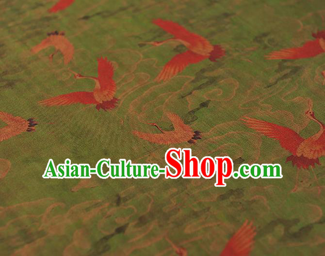 Chinese Cheongsam Gambiered Guangdong Gauze Traditional Silk Fabric Classical Cranes Pattern Green Cloth