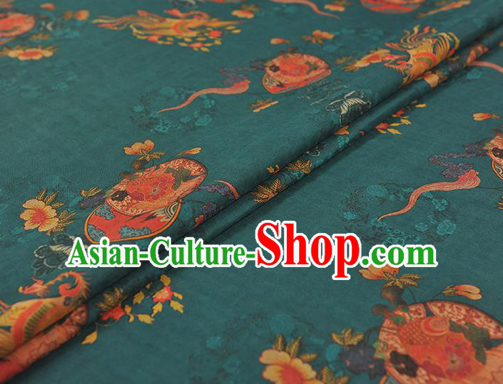 Chinese Gambiered Guangdong Gauze Classical Phoenix Peony Pattern Cloth Traditional Cheongsam Teal Silk Fabric