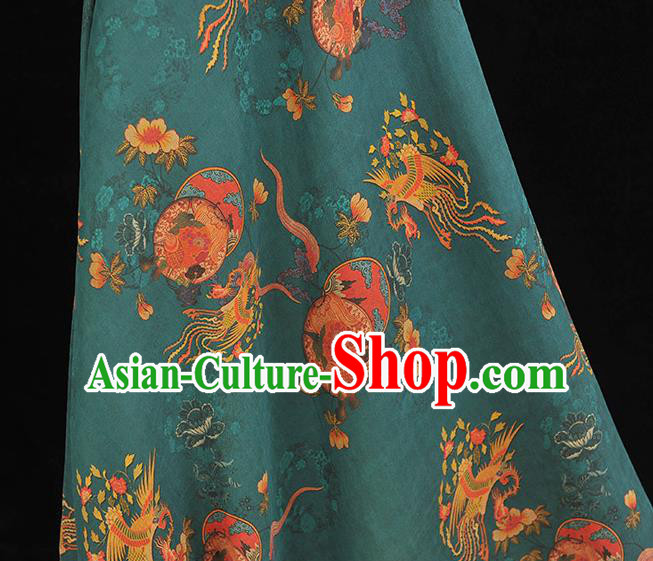 Chinese Gambiered Guangdong Gauze Classical Phoenix Peony Pattern Cloth Traditional Cheongsam Teal Silk Fabric