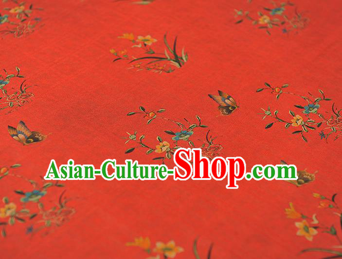 Chinese Classical Orchids Pattern Cloth Traditional Cheongsam Red Silk Fabric Gambiered Guangdong Gauze