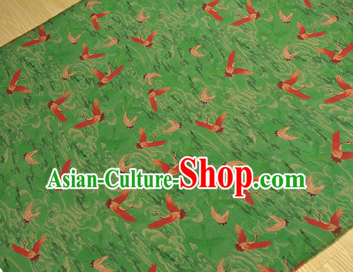 Chinese Satin Fabric Traditional Cheongsam Gambiered Guangdong Gauze Classical Cranes Pattern Green Silk Cloth