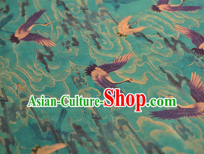 Chinese Traditional Cheongsam Gambiered Guangdong Gauze Classical Cranes Pattern Blue Silk Cloth Satin Fabric