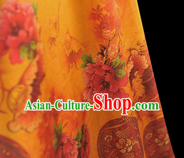 Chinese Traditional Fabric Ginger Gambiered Guangdong Gauze Cheongsam Satin Classical Lotus Peony Pattern Silk Material