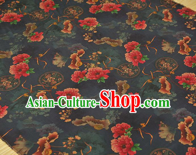 Chinese Classical Lotus Peony Pattern Silk Material Traditional Fabric Navy Gambiered Guangdong Gauze Cheongsam Satin