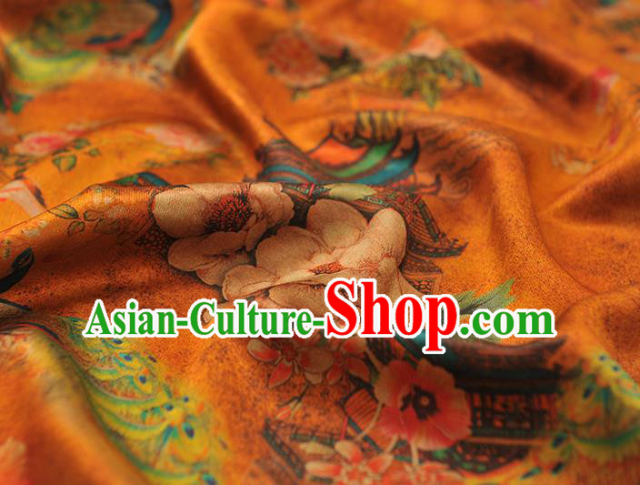 Chinese Classical Peacock Camellia Pattern Silk Material Traditional Fabric Gambiered Guangdong Gauze Cheongsam Orange Satin